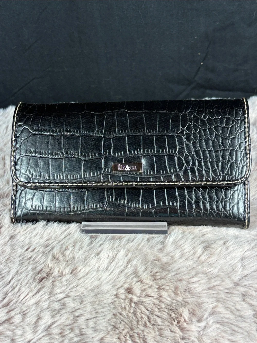 Liz & Co. Black Crocodile Embossed Checkbook Wallet Classic Stitching NWT